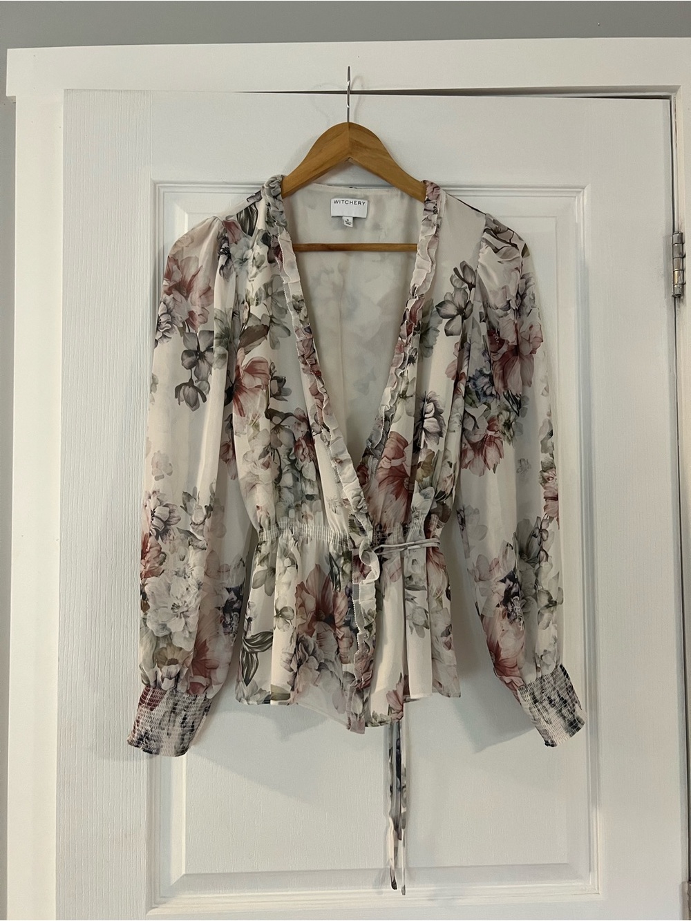 Witchery Sheer Cream Floral Wrap Blouse with Tie Waist